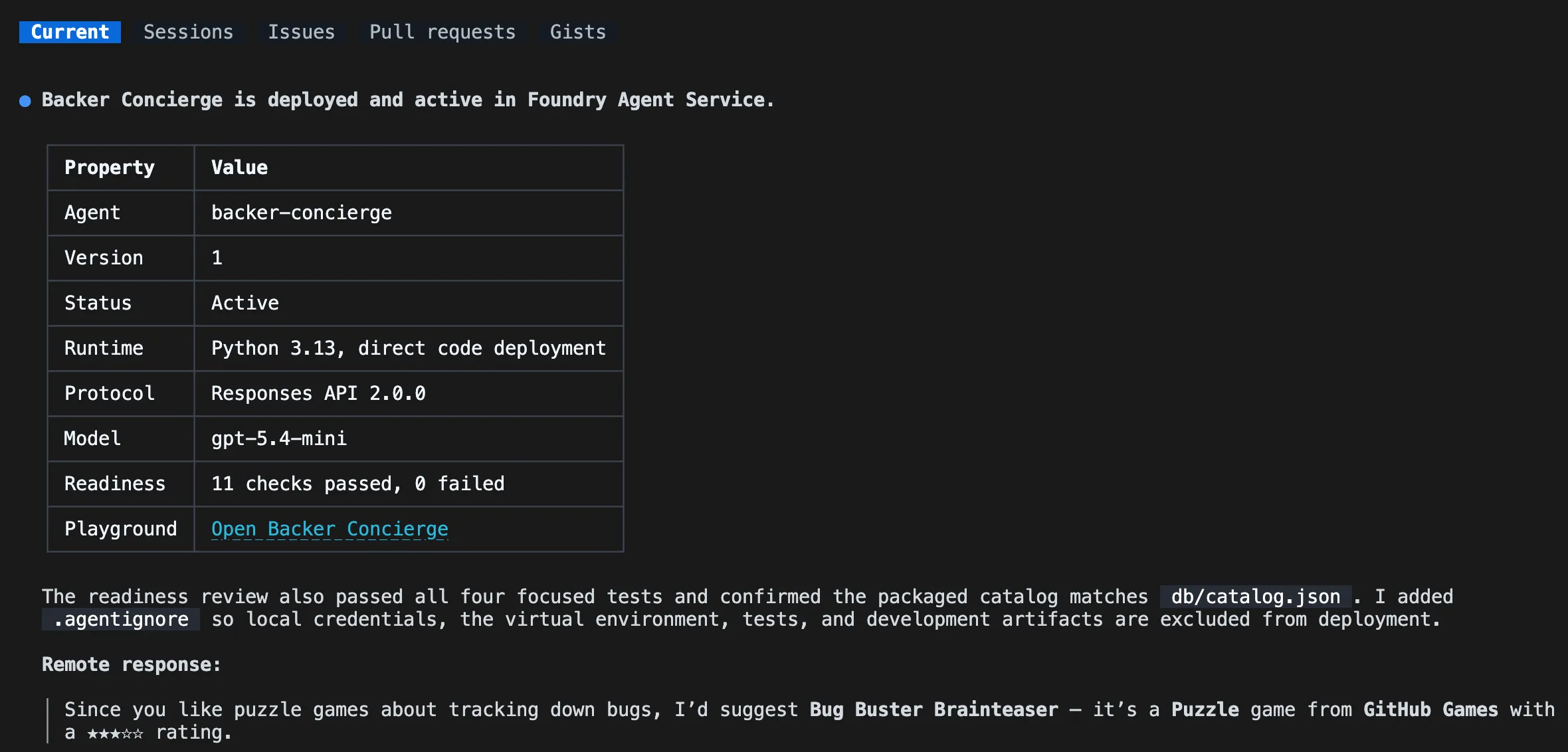 Hosted Agent Deployment status and playground link
