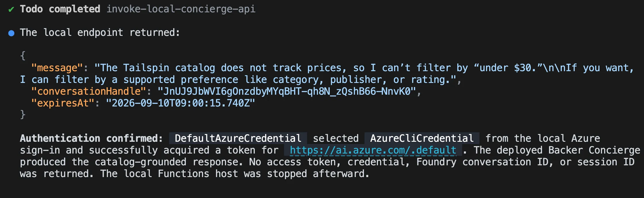 Sanitized JSON response from the local concierge endpoint